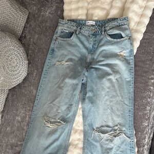 Zara Light Blue Ripped Straight-Leg Jeans